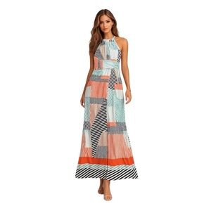 VINCE CAMUTO Women's Halter Neck Sleeveless Multi Stripe Maxi Dress Size 8